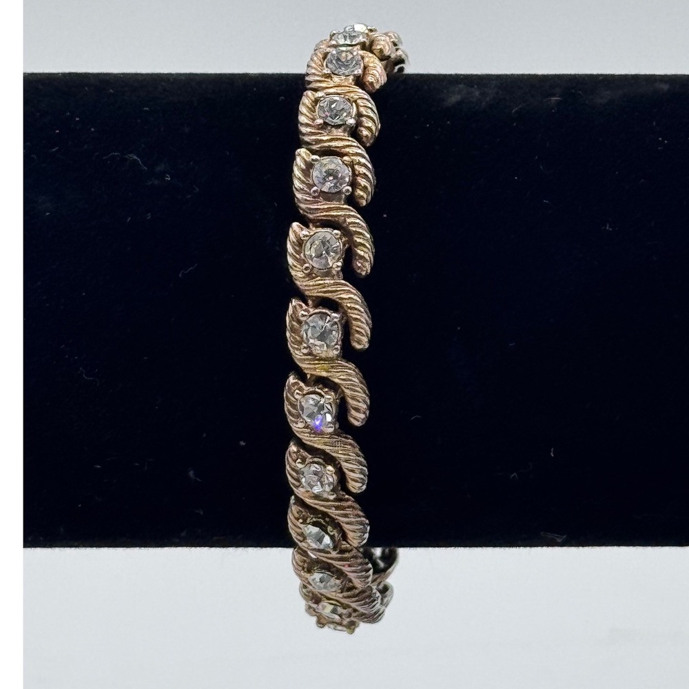 Vintage Rhinestone Link Bracelet Gold‎ Tone Swirl Chunky Retro Glam